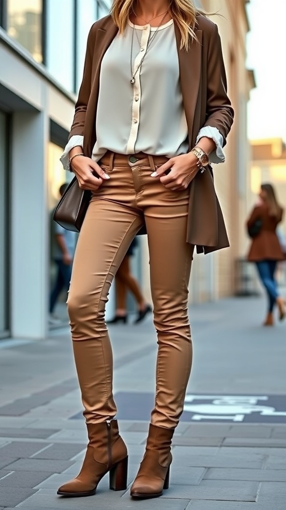 A stylish outfit with oatmeal jeans, a pastel blouse, and ankle boots, accessorized with jewelry and a handbag.